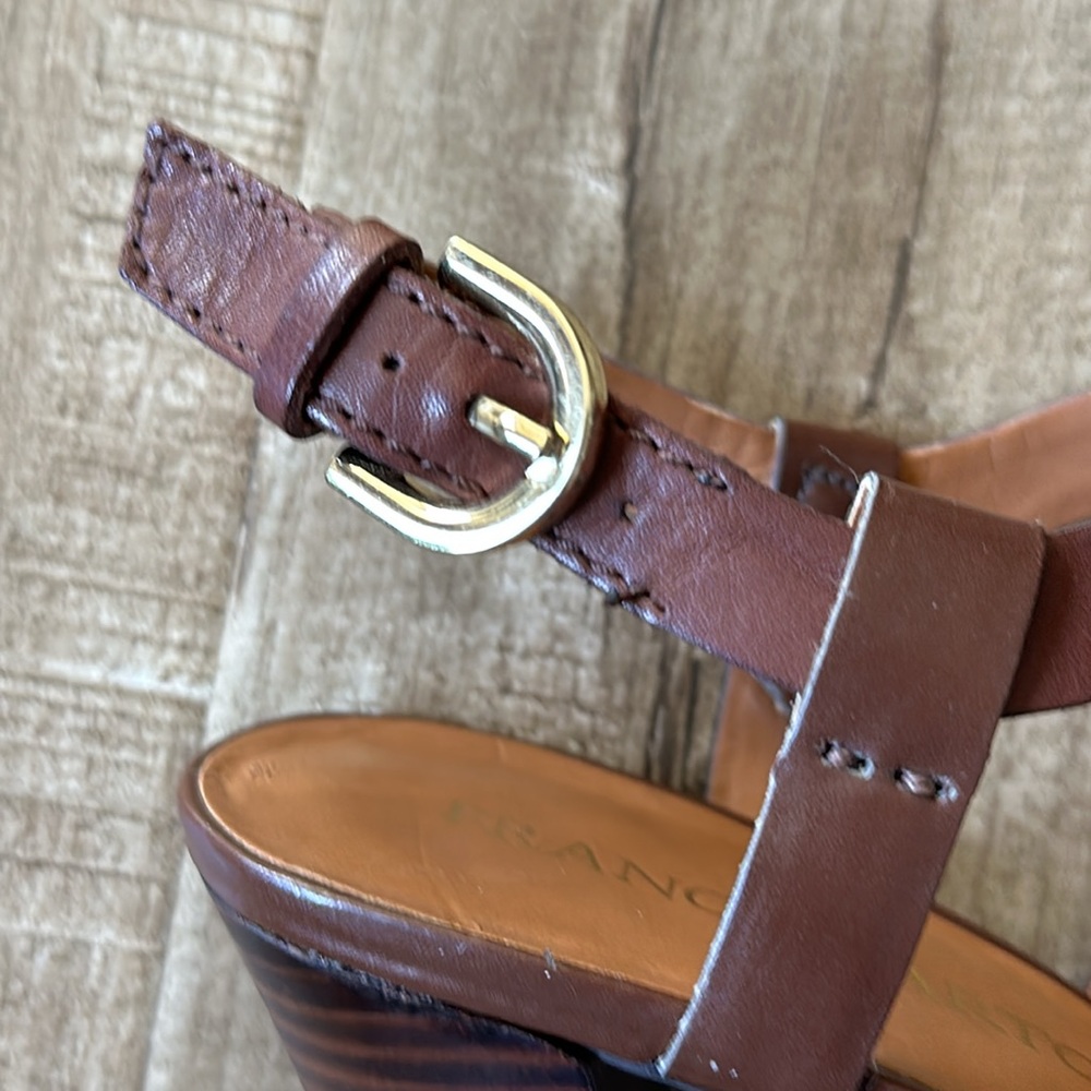4.5” Stacked Wood Platform Leather Franco Sarto Betsy Chestnut Strappy Heels 9 - Picture 12 of 16